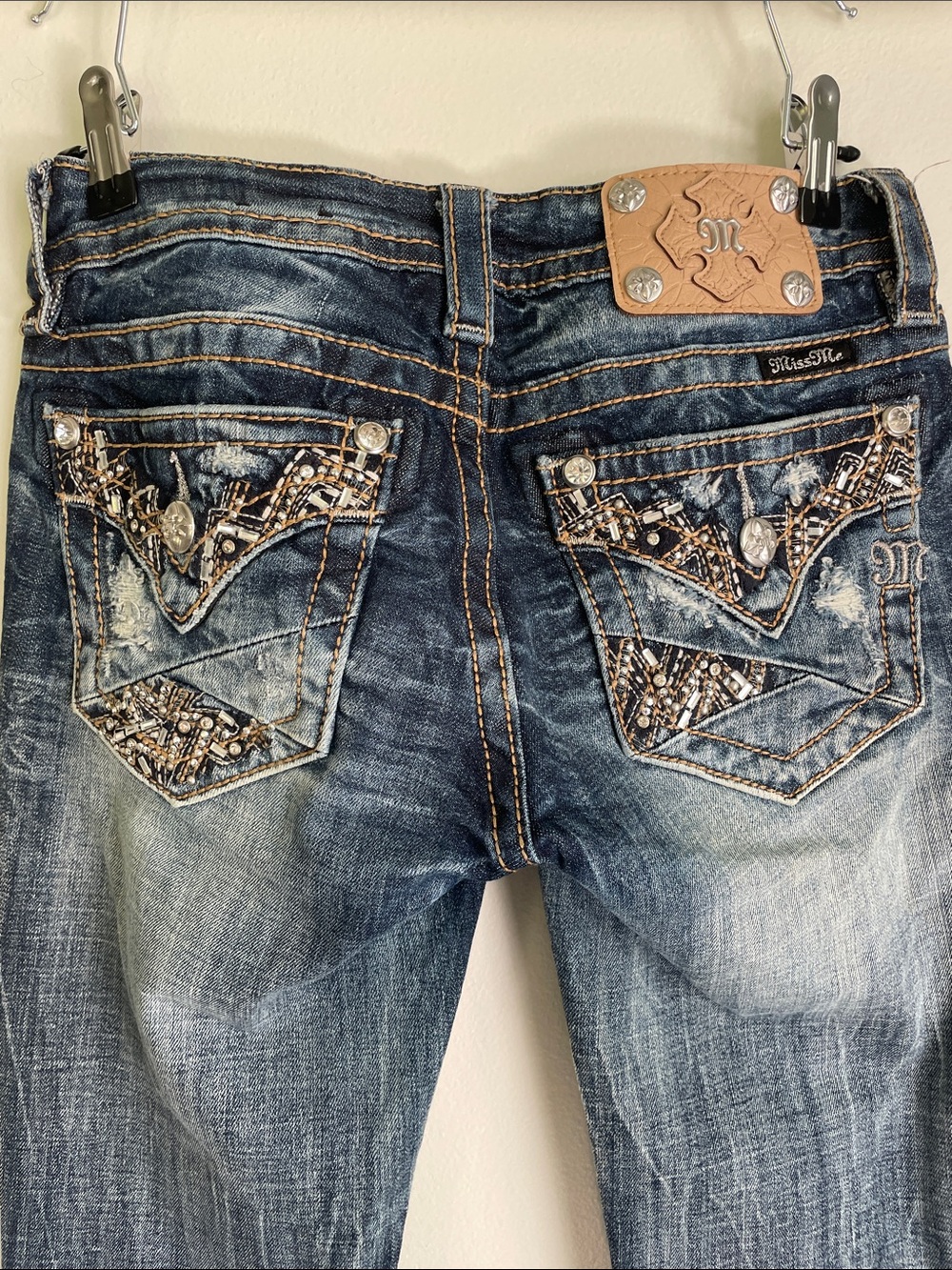 Miss Me Embellished Distressed Dark Blue Bootcut Jeans